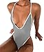 Women Deep V Neck One Piece Thong Swimsuit High Cut Backless Swimwear Monokini Grey Small