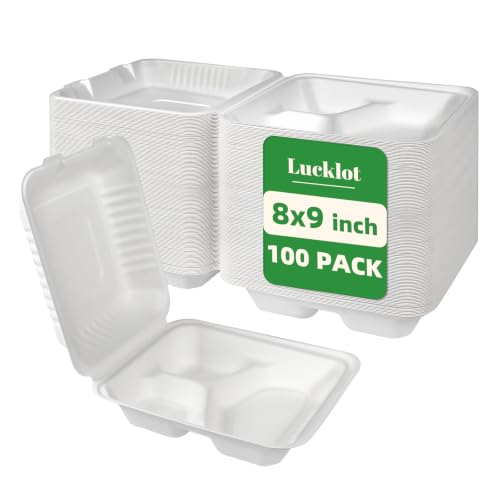 Lucklot 100 Pack Togo 8×9 Inch Disposable 3 Compartment White Clamshell Take Out Containers with Lids, To Go Takeout Lunch Boxes Compostable and Eco-Friendly Biodegradable Bagasse PFAS-Free for Food