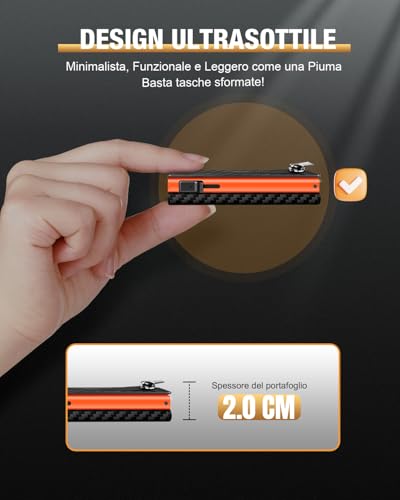 Small Man Credit Card Holder, Slim Men's Wallet with Magnetic Closure and ID Window, Pop-up Leather Card Holder for 11 Cards, Card Holder with Coin and Banknotes, Black and Orange
