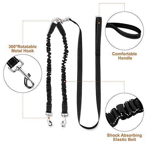 Onlyesh Double Dog Lead, 360 Degrees Rotation, No Tangle, Dual Shock Absorbing Bungee Double Dog Leash for 2 Medium to Large Dog Walking Training