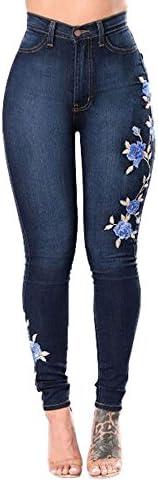 Lady Swain Women's Denim Rose Embroidered Destroyed Frayed Hem Skinny Jeans Frayed Hem Skinny Jeans For Women (Large, Dark Blue-1)