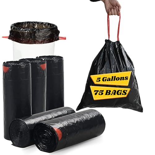 VESTA VITA - 5 Rolls Black Trash bags 75 Pcs for Home and office - 45"50"CM Drawstring Garbage bag with handles - 5 Gallon Garbage bag small for Kitchen and office - Pack of 5 bin bags rolls (Black)