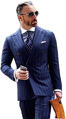 Men's Navy Blue 2 Piece Strips Wedding Tuxedos Slim Fit Double Breasted Suits for Men