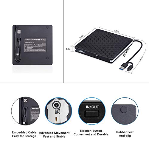 Rioddas External CD Drive Type C USB 3.0 Portable CD DVD +/-RW Drive Slim DVD/CD ROM Rewriter Burner Writer Compatible with Laptop Desktop PC Windows Linux OS Apple Mac (Soccer-typc)