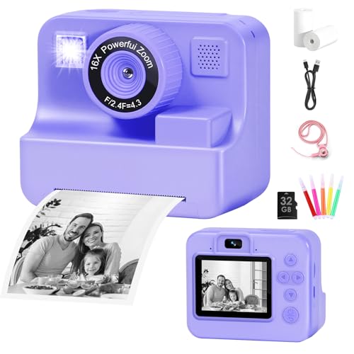Instant Print Camera for Kids, Fun DIY Printing Camera for Girls Boys, Colored Pens and Printing Paper, Digital Camera with 2.4" Screen, 32GB SD Card, HD 1080P, Holiday Birthday Gifts