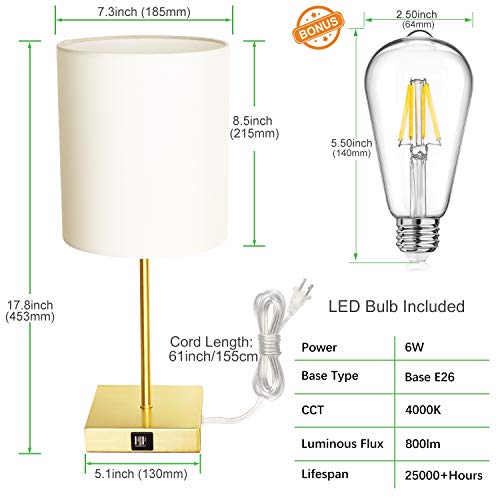 Touch Control Table Lamp, 3-Way Dimmable, 2 USB Fast Charging Ports, Bedside Nightstand Lamp With TC Cloth Shade for Bedroom, Living Room, Dorm, Office, 60W Equivalent E26 LED Bulb Included(Gold)