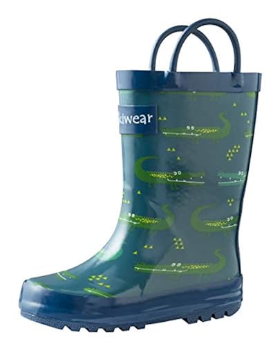 OAKI Kids Rubber Rain Boots with Easy-on Handles, Crocodile, 4Y US
