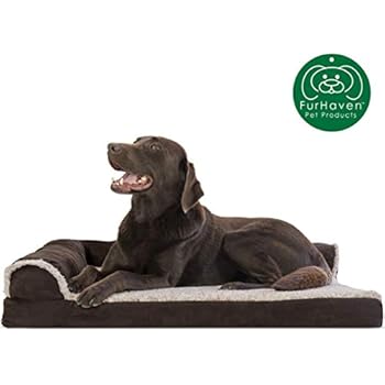 Furhaven Pet Dog Bed | Deluxe Orthopedic Two-Tone Plush Faux Fur & Suede L Shaped Chaise Lounge Living Room Corner Couch Pet Bed w/ Removable Cover for Dogs & Cats, Espresso, Large