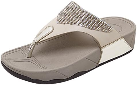 LUXINYU Women Flip Flop Sandals - Wedge Heel Beach Slides, Rhinestone Thong Sandals,White US 5.5