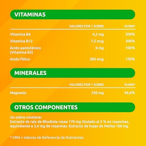 Energy Doble Acción Stress Out - Multivitamínico con Magnesio, Vitaminas B6, B12, Ácido Fólico, Rhodiola y Melisa - Anti-estrés, Energía, Memoria, 20 Sobres Limón
