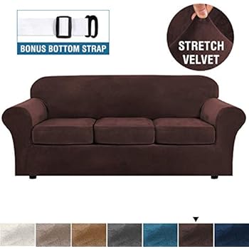 H.VERSAILTEX Modern Velvet Plush 4 Piece High Stretch Sofa Slipcover Strap Sofa Cover Furniture Protector Form Fit Luxury Thick Velvet Sofa Cover for 3 Cushion Couch, Machine Washable(Sofa,Brown)