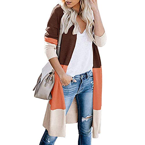 Ptorlio Womens Striped Long Cardigan Sweater Lightweight Open Front Colorblock Draped Kimono Loose Knit Duster Coats Coffee