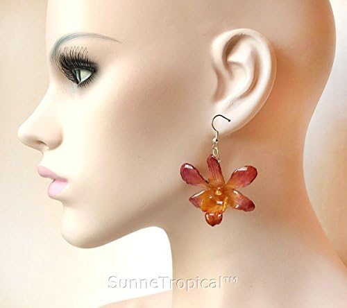 Dendrobium orchid real flower jewelry earring - Orange Purple