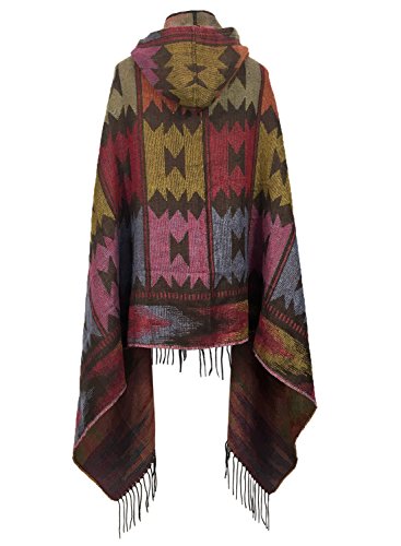 Futurino Women's Winter Boho Jacquard Plaid Hooded Poncho Cape Coverup OneSize Bronze