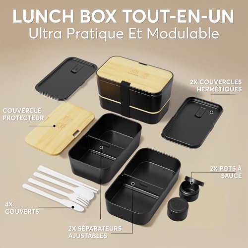 Umami Bento Lunch Box, Cutlery & 2 Sauce Pots Included, Built-in Lunch Box, Microwavable Lunchbox Adult Lunch Box, Bento Box Black Onyx & Beige, 1500 ml