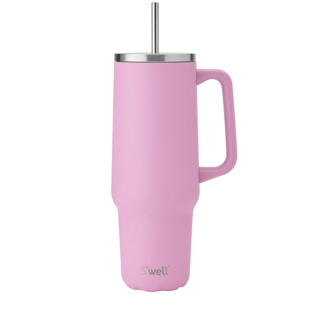 S'well Tumbler XL, Reusable Drinks Tumbler with Straw, Triple-Layered Stainless Steel Bottle, Keeps Drinks Hot for 10h & Cold for 50h, 1180ml, Hydrangea Pink