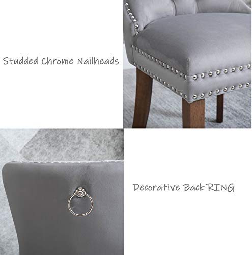 Rhomtree Velvet Fabric Dining Chairs Luxury Tufted Back with Nailed Trim and Back Ring Pull Home Kitchen Dining Room Chairs Armless Side Chairs Solid Rubber Wood Legs, Set of 2 (Grey)