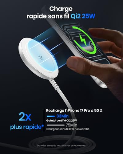 Qi2 25W Magnetic Wireless Charger, Charging Pad with 1.5M Cable Compatible Mag-Safe for iPhone 17e/Air/17/16/15/14/13/12, AirPods 4/3/2/Pro, Pixel 10 Series and Plus (with 30W Adapter)-White