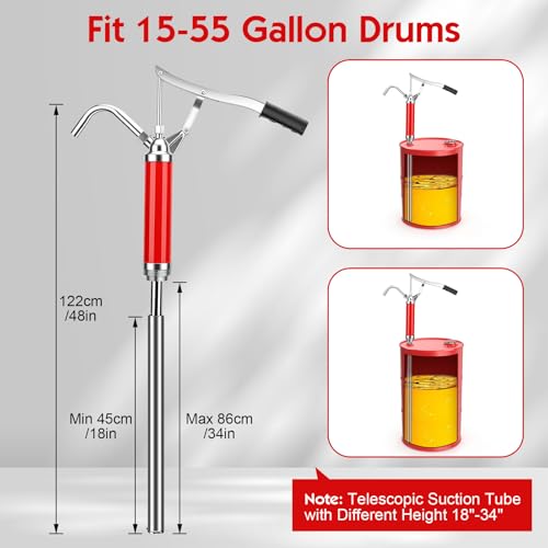 Lever Pump for Oil Drums 15-55 Gallon Drum, Flow 28L/Min, Red Manual Barrel Pump with 45-88cm Retractable Oil Tube for Fuel Oil Extraction