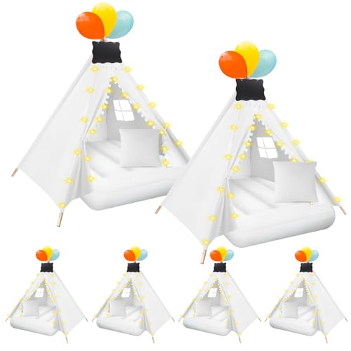 6 Pcs Kids Teepee Tent Bulk with Light String Inflatable Airbed Bedding Fitted Sheet and Markeable Small Blackboards for Boys Girls Indoor Outdoor Slumber Party (White)