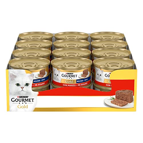 GOURMET Gold Cibo Umido per Gatti Adulti Mousse con Manzo in 24 Lattine da 85 g, Ricetta Delicata Senza Coloranti o Conservanti Artificiali aggiunti