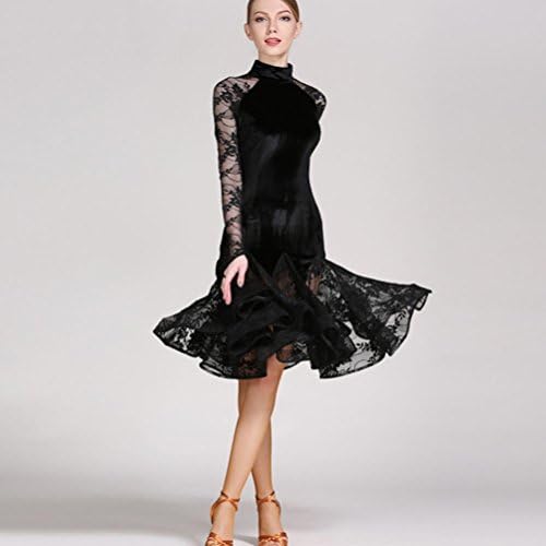 Women's Performance Costume High Neck Latin Dance Dresses Lace Splice Long Sleeves Competition Dancing Dress