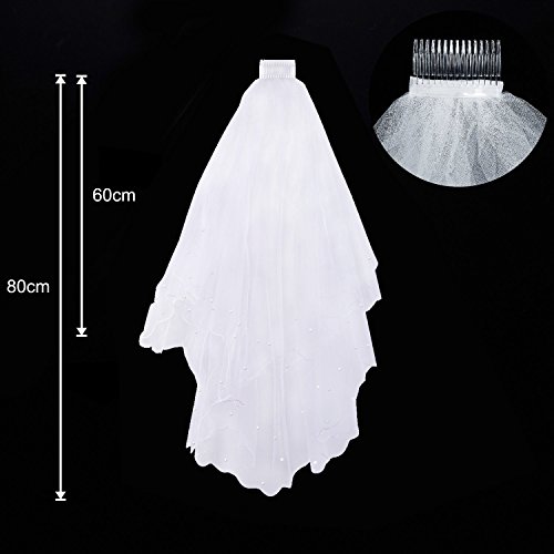 Wartoon Bridal Wedding White Veil with Comb and Bride to Be Sash Garter Rosette Badge Accessory kit for Hen Night Party Wedding Decorations - 4 Pieces White