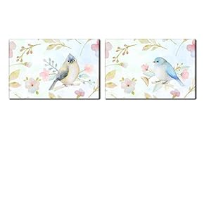 Canvas Wall Art - Watercolor Style Painting of Blue Birds and Floral Patterns - Giclee Print Gallery Wrap Modern Home Art Ready to Hang - 16"x24" x 2 Panels