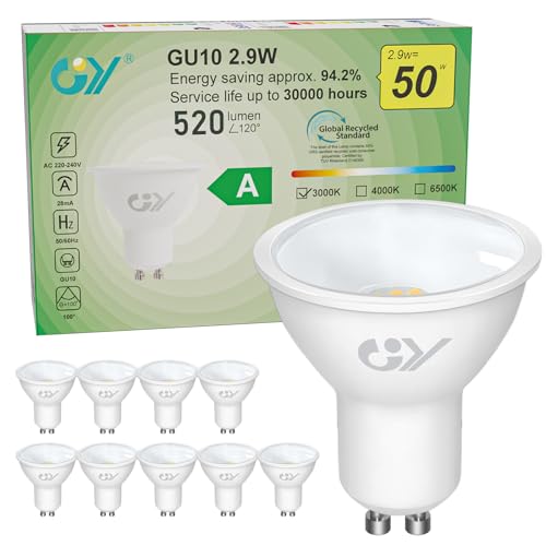 GY GU10 LED Bulb, 2.9W Equivalent to a 50W Bulb, GU10 LED Bulbs 3000K Warm White, 520Lumen, 110° Beam Angle, GU10 Fitting, Non-Dimmable