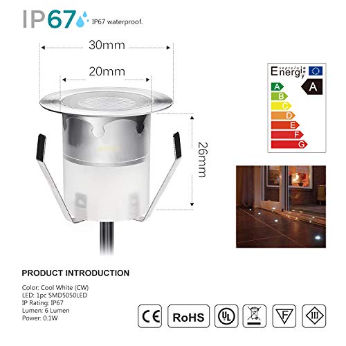 QACA Recessed LED Deck Lighting Kits 12V Low Voltage Cool White Waterproof IP67,Led In Ground Lighting for Steps,Stair,Patio,Floor,Pool Deck,Kitchen,Outdoor LED Landscape Lighting(20Pcs/Pack) - Thumbnail 3
