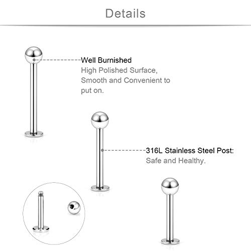 SCERRING 18PCS 16g Stainless Steel 3mm Balls Labret Monroe Lip Tragus Cartilage Helix Earring Ring Body Piercing Jewelry 8-12mm - Silver