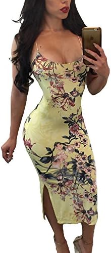 WESICA Spaghetti Strap Dress Sexy Ladies Lace Up Back Peachy Floral Party Dress Summer Beach 2017 New Fashion ((US 8-10)M, Yellow)