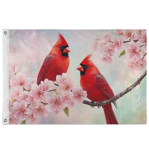 Wamika Spring Sunmer Bird Flag 3x5 FT Red Cardinal Branch Almonds Blossom Flowers Garden Yard House Flags Season Greeting Banner with Brass Grommets Indoor Outdoor Party Home Decorations