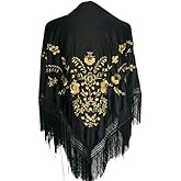 La Senorita Spanish Flamenco Dance Shawl Large Black with golden flowers Large