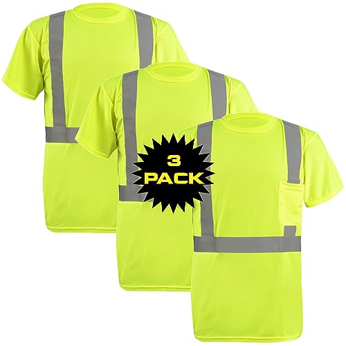 OccuNomix LUX-SSETP2B-Y5X-PK03 Classic Standard High Visibility Short Sleeve Wicking Birdseye T-Shirt with Pocket, Class 2, 100% ANSI Wicking Polyester Birdseye, 5X-Large, Yellow, Pack of 3