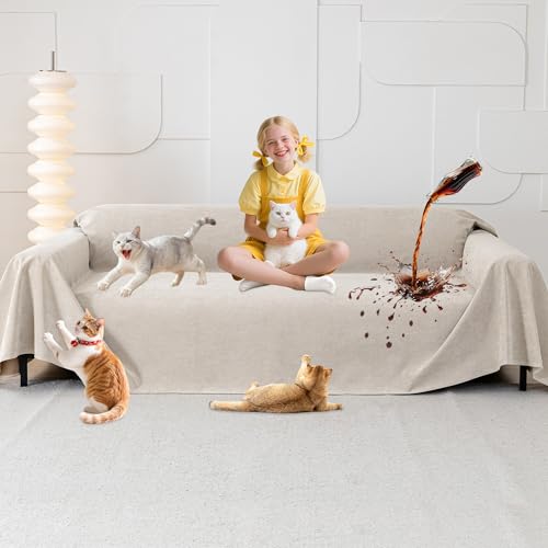 Loiion Pet Fur Sofa Covers, 3 Seater Sofa Cover, Furniture Protector for Dogs, Sofa Protector for Cats Scratches and Pet Dogs, Non-Slip Stains, Khaki, 380 x 180 cm