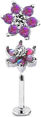 16g 5/16'' Stainless Steel Internally Threaded Fire Opal Cabochon Labret Monroe Lip Tragus Piercing Bar Body Jewelry Ring (Flower Top (OP09))