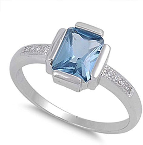 Letter Fashion Silver Woman's Aquamarine CZ Ring Band 10mm Sizes 5-10