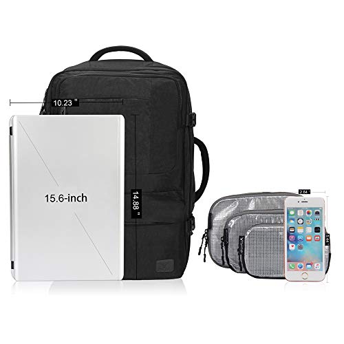 Hynes Eagle 44L Carry on Backpack Flight Approved Compression Travel Pack Cabin Bag Black with Black 3PCS Packing Cubes 2019