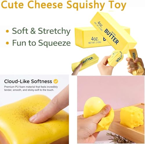 SLEEPHEAD®3-Pack Food Squishies Set - Slow Rising Squishy Toys, Cheese & Bread Butter Squishy, Sensory Stress Relief Squeeze Toys, Cute Desk Fidget Toy Gift