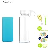 (Limited Time Promotion) Bonison Durable Glass Water Bottle with Soft Colorful Silicone Sleeve Handle Lid 14 Oz