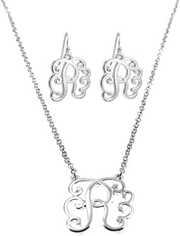 Chelsea Hill Silver-Tone Script Monogram Initial Letter "R" Pendant Necklace and Earring Set