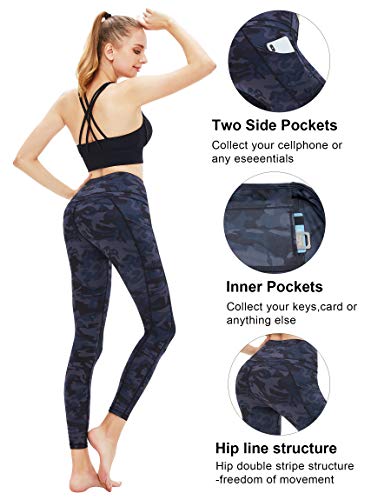 High Waist Yoga Pants,Workout Pocket Pants for Women,Tummy Control,Pattern Leggings Full-Length Yoga Pants (Black Camouflage, M)