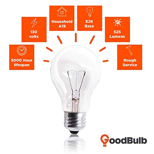 GoodBulb 60 Watt Light Bulbs, Dimmable A19 Bulb with E26 Base, Rough Service Bulb, Clear Energy-Efficient Incandescent Bulbs, 525 Lumens, 130 Volts, for Various Light Fixtures (12 Pack)