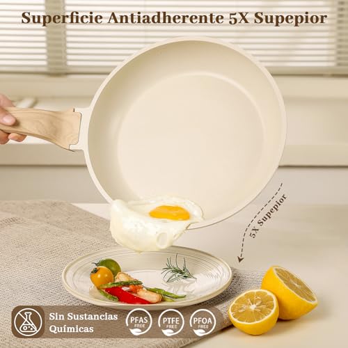 CHEFOLLA Sartenes Antiadherentes 12 Piezas, Bateria de Cocina, Juego de Sartenes de Induccion, Juego de Ollas y Sartenes, Fácil Limpieza, con Sartenes y Cacerolas, Granito Blanco
