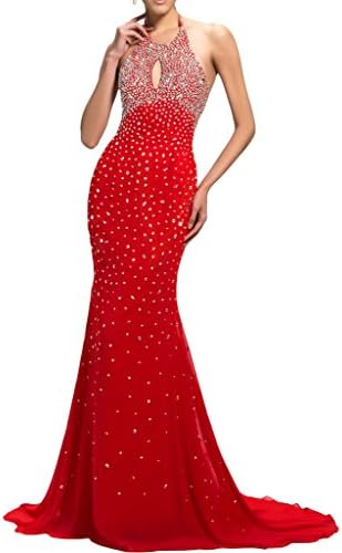 MissDressy Sexy Long Backless Mermaid Halter Prom Dress Evening Gown Crystals-2-Red