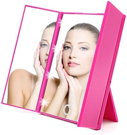 Makeup Mirror, HOPESOOKY Tri-Fold Lighted Portable Led Travel Mirror Compact for Cosmetic Makeup Folding Illuminating (Rose)