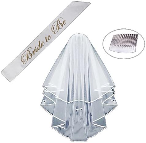 White Double Ribbon Edge Center Cascade Bridal Wedding Veil with Comb&amp; Bride To Be Satin Sash- Bachelorette Party Decorations Supplies