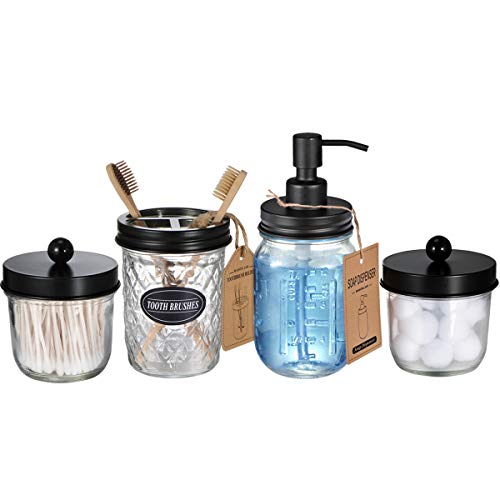 Mason Jar Bathroom Accessories Set(4 Pcs) -Lotion Soap Dispenser &Cotton Swab Holder Set &Toothbrush Holder-Rustic Farmhouse Decor Apothecary Jars Vanity Organizer-Perfect Gift&Decorating Idea (Black)