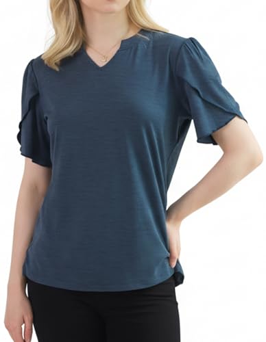 LEADHALO Merino Wool T Shirt for Women, V Neck Short Petal Sleeve Top at Amazon
